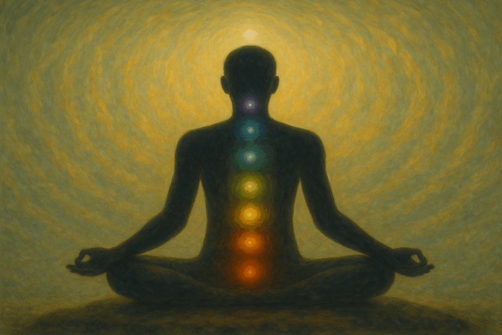 Representação visual dos sete chakras alinhados no corpo humano com cores vibrantes.
