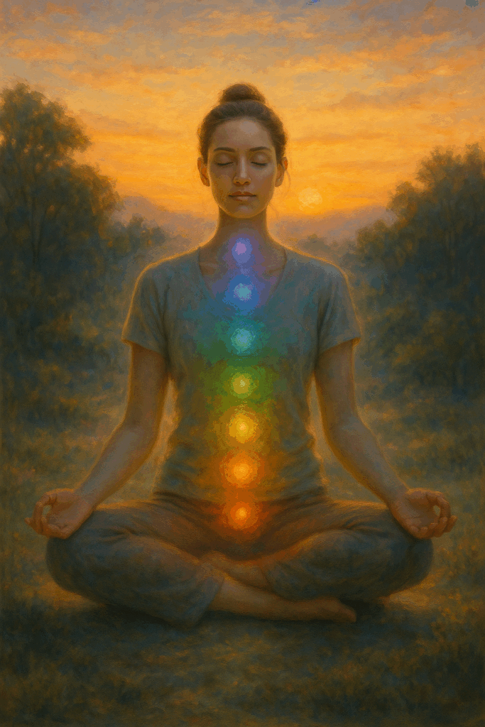 Pessoa meditando com cristais alinhados ao corpo, simbolizando equilíbrio energético dos chakras.