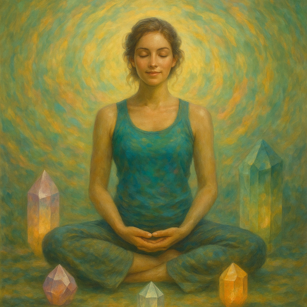 Pessoa meditando com cristais alinhados ao corpo, simbolizando equilíbrio energético dos chakras.