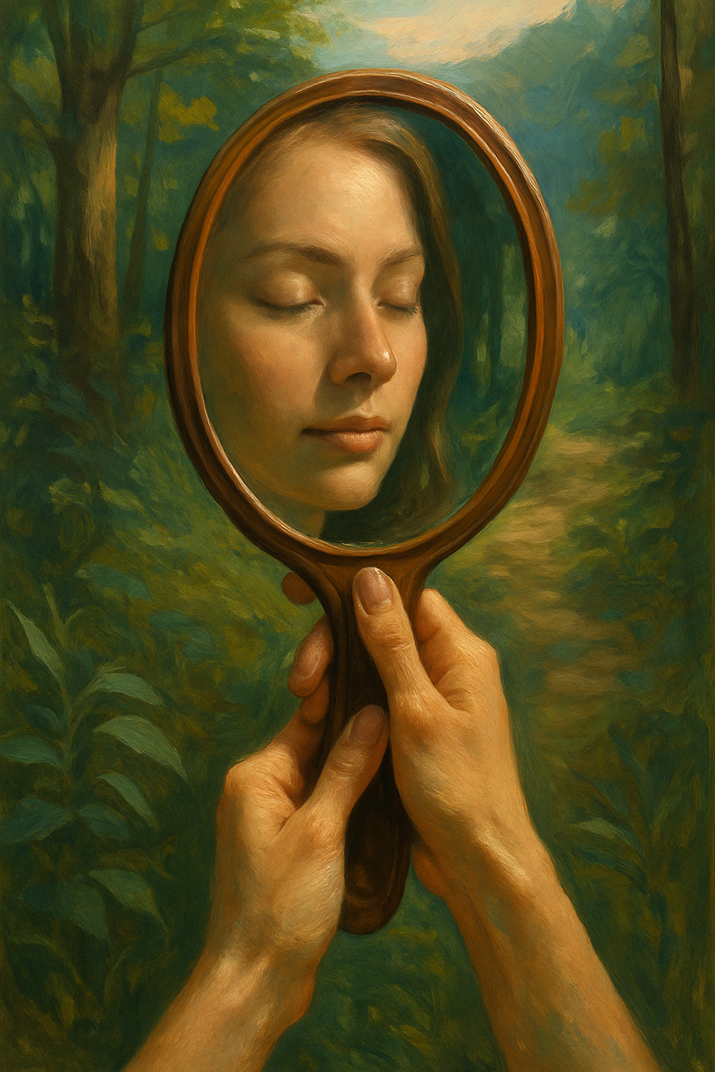 Mãos segurando um espelho em meio à natureza, refletindo o rosto parcialmente.