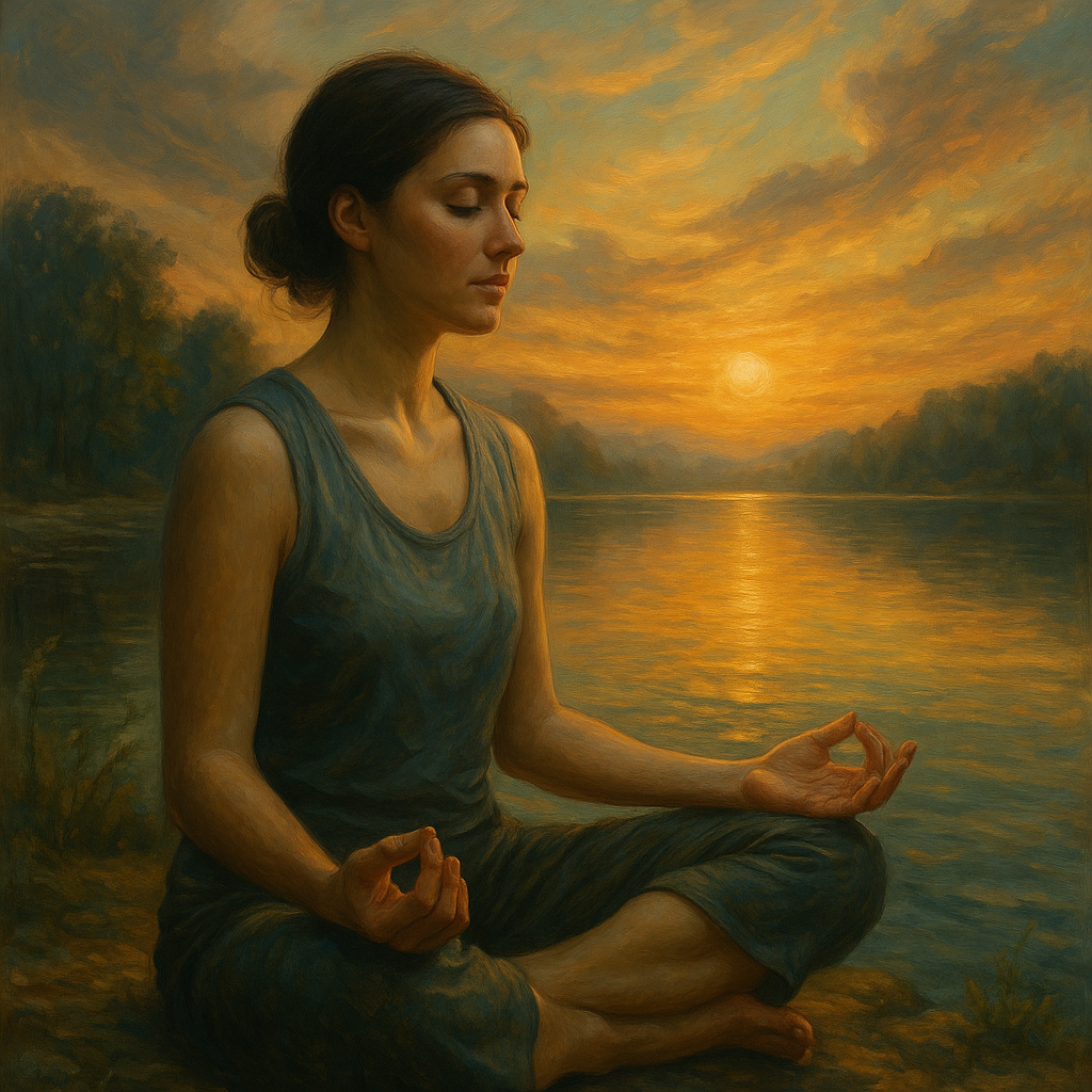 Pessoa meditando diante do lago ao pôr do sol, refletindo sobre desafios e crescimento espiritual.