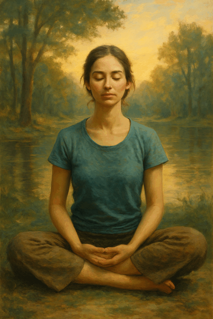 Mulher meditando com olhos fechados na natureza, simbolizando introspecção e descoberta interior.