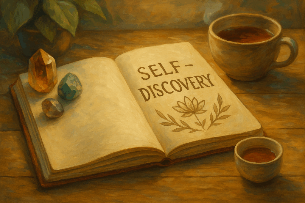 Um journaling (caderno) aberto com uma frase escrita: Autodescoberta