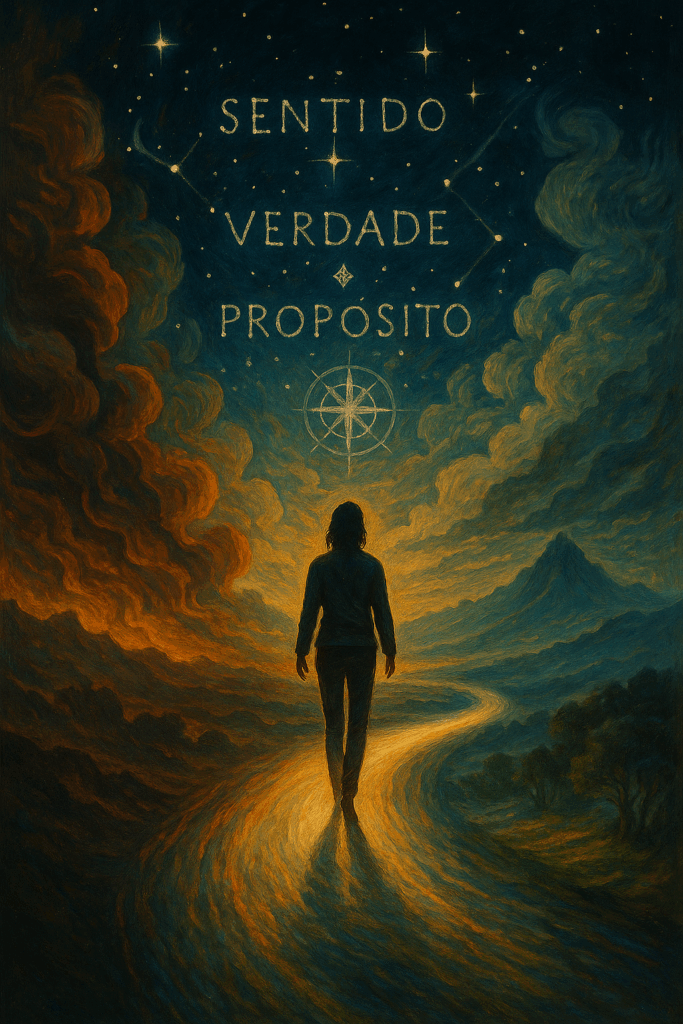 Pessoa caminhando para o seu verdadeiro proposito de vida com as palavras: sentido, verdade e propósito