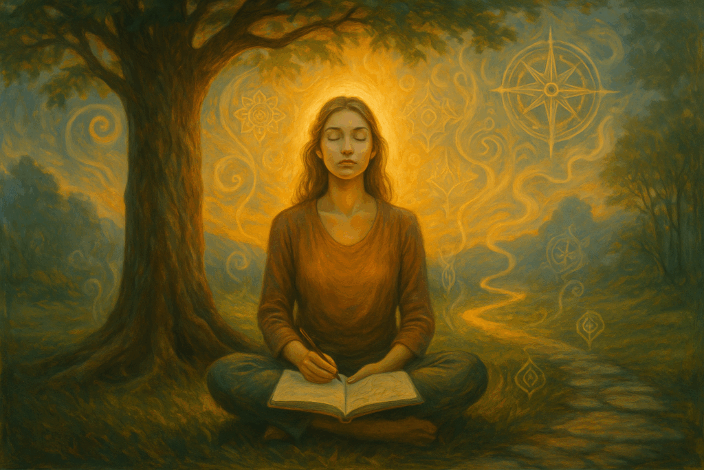 Uma mulher sentada debaixo de uma arvoré com um journaling em mãos e meditando o que irá escrever