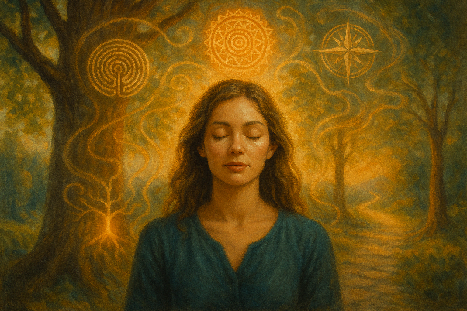 Mulher meditando embaixo de uma arvoré com vários simbolos cosmicos ao redor dela