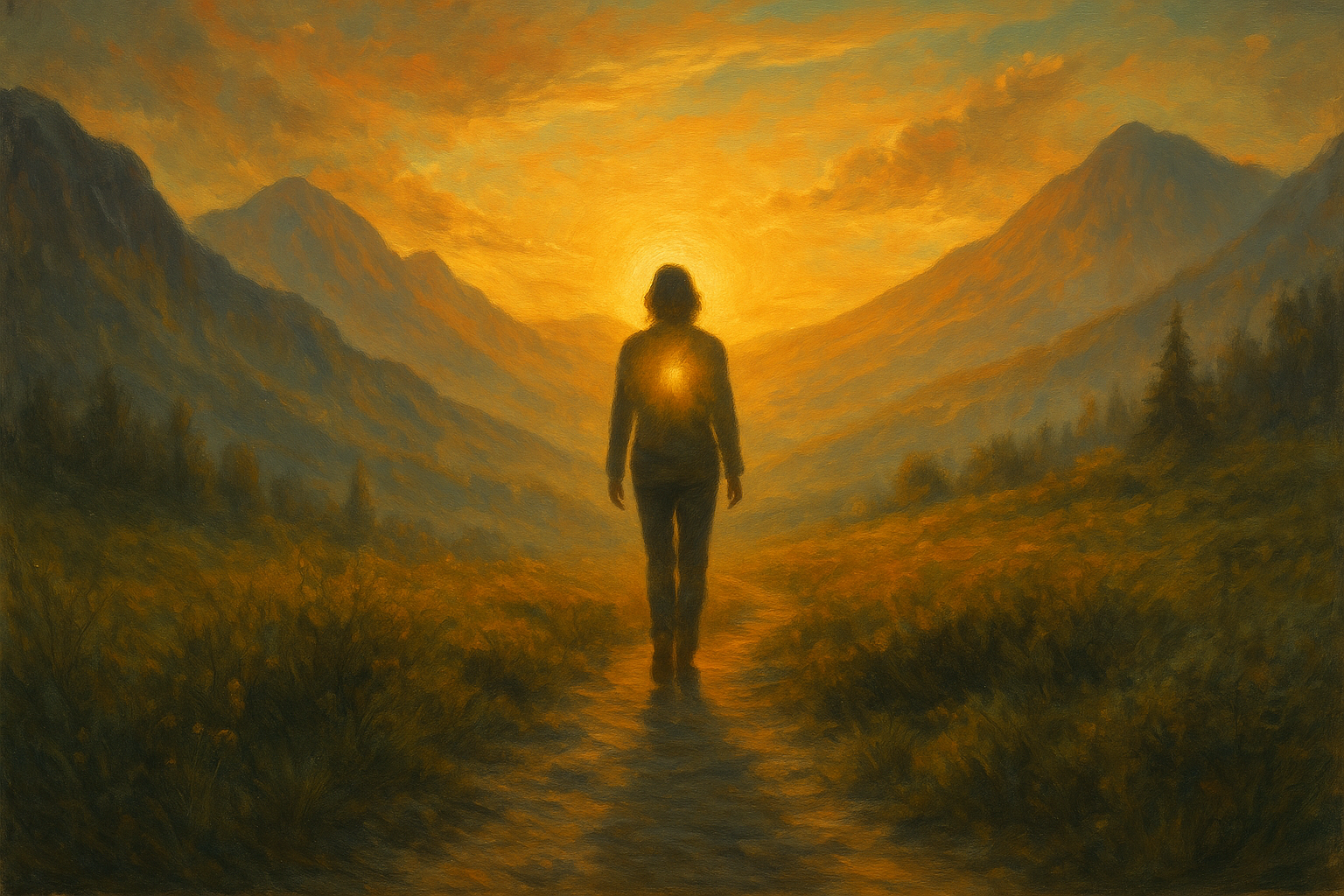 Pessoa caminhando sozinha em trilha espiritual ao pôr do sol, representando a jornada interior rumo ao autoconhecimento.
