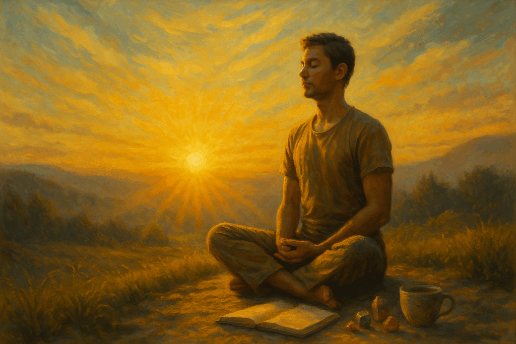 Pessoa meditando ao amanhecer, simbolizando começo da jornada espiritual com serenidade.