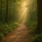 Caminho na floresta com o sol iluminando o caminho
