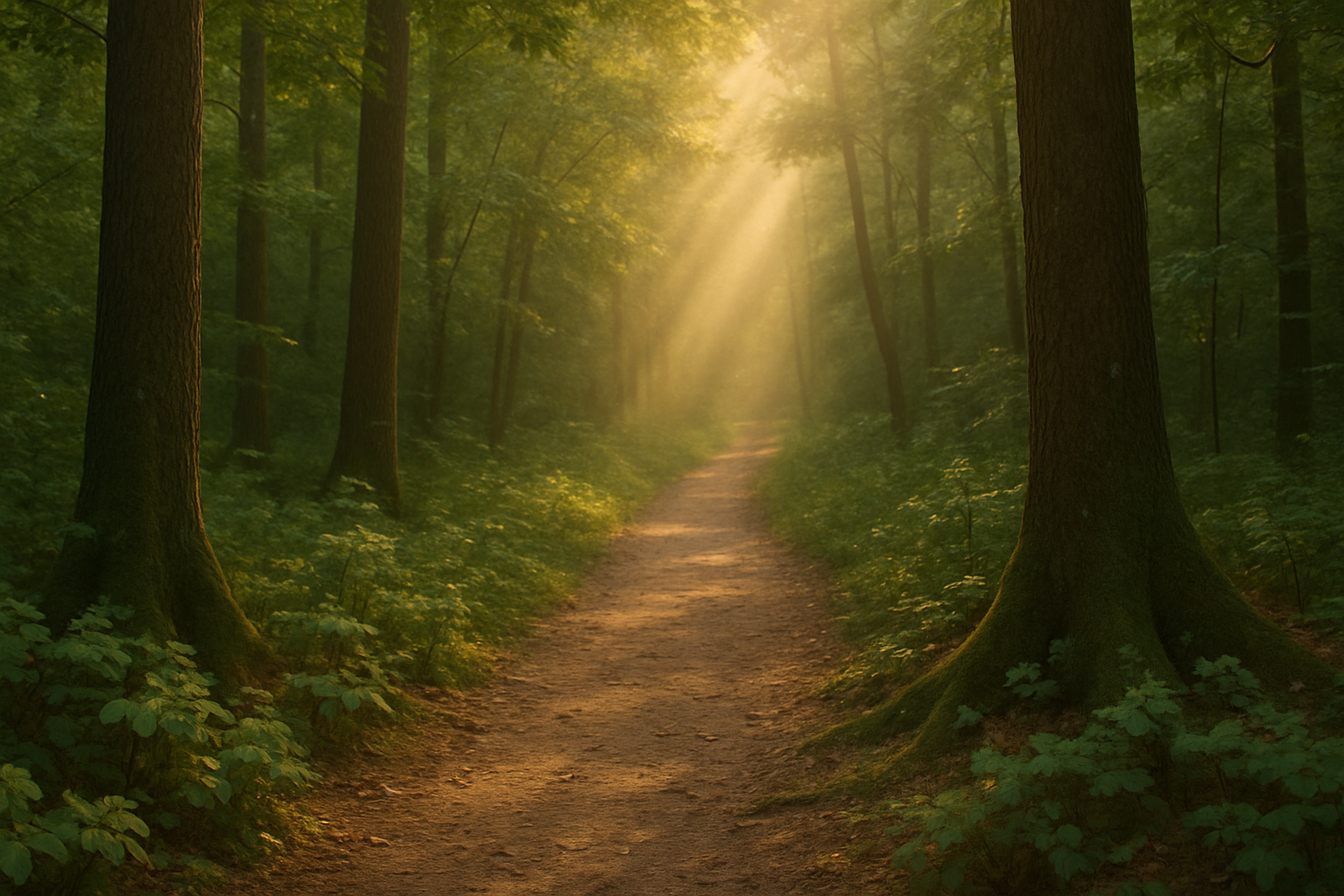 Caminho na floresta com o sol iluminando o caminho