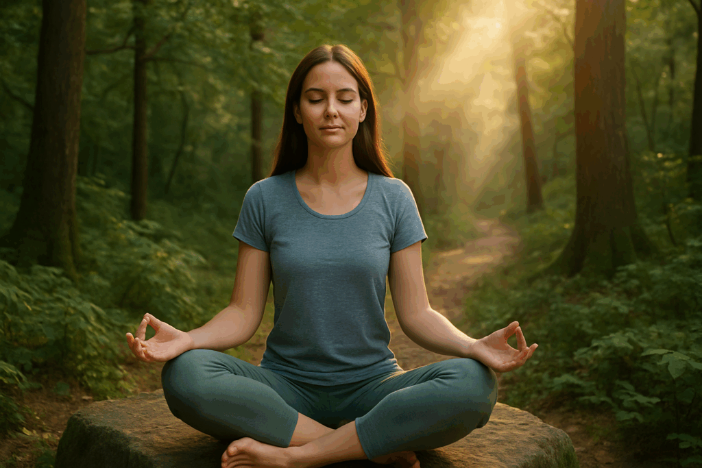Mulher em posição de flor de lotus em meditação com um fundo de floresta e luz divina entrando pela árvores