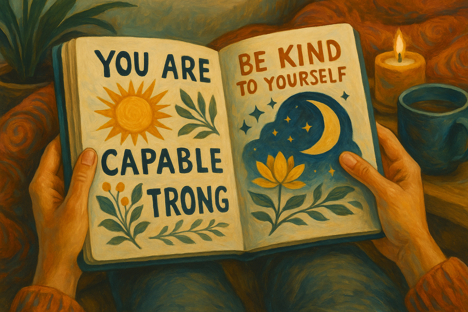 Livro aberto com frases e afirmações positivas