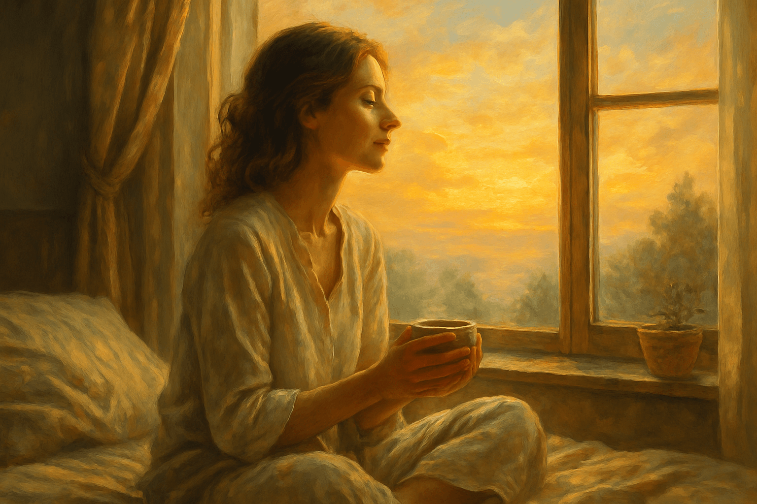 Mulher na cama ao amanhecer, com uma xícara de chá nas mãos, olhando pela janela com expressão serena.