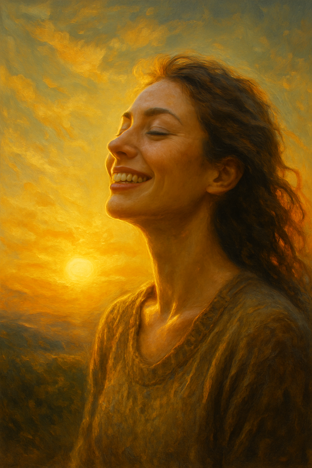 Mulher sorrindo enquanto aprecia o nascer do sol, simbolizando a gratidão e feliz em Incorporar a Espiritualidade em Pequenas Ações do Dia a Dia
