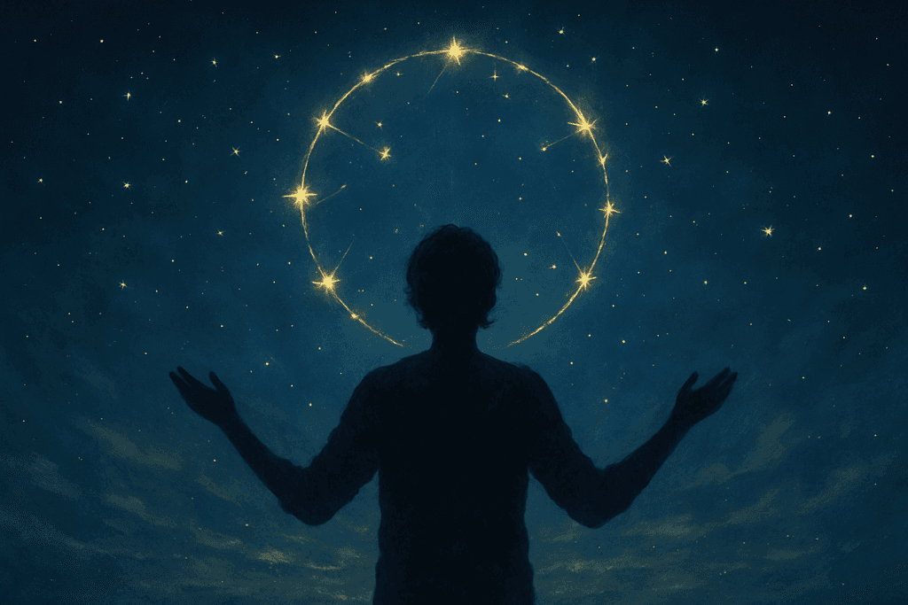 Pessoa diante de céu estrelado simbolizando conexão com o universo no despertar espiritual