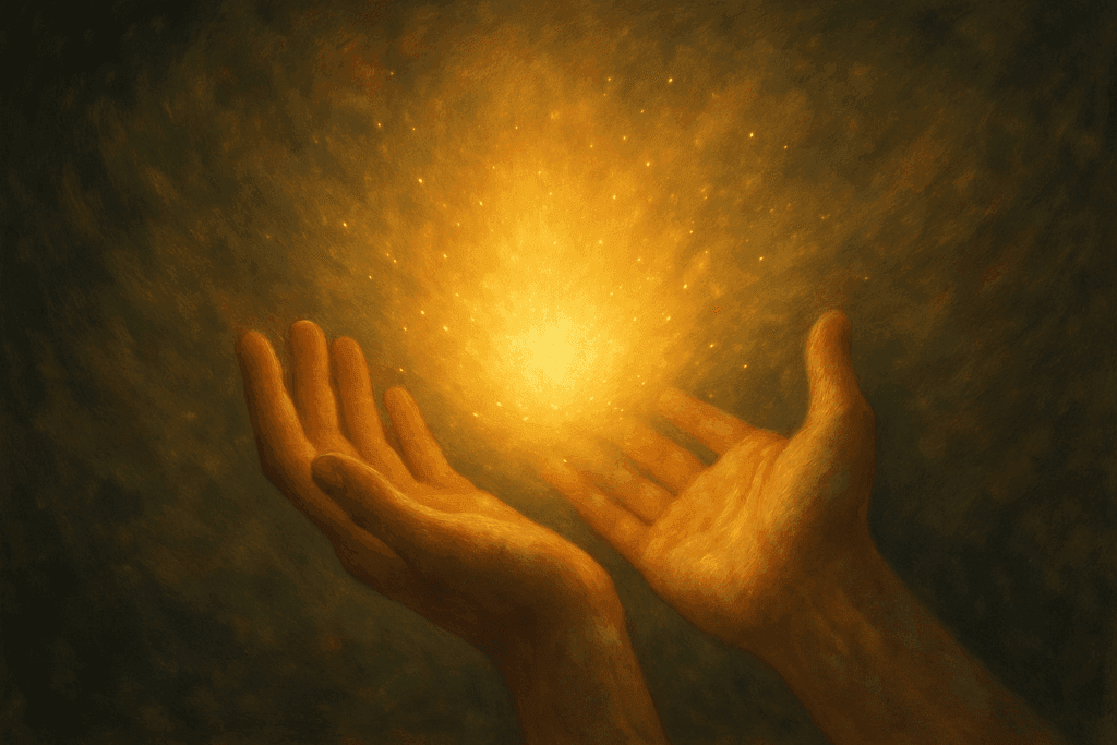 Mãos segurando luz dourada representando energia e expansão espiritual