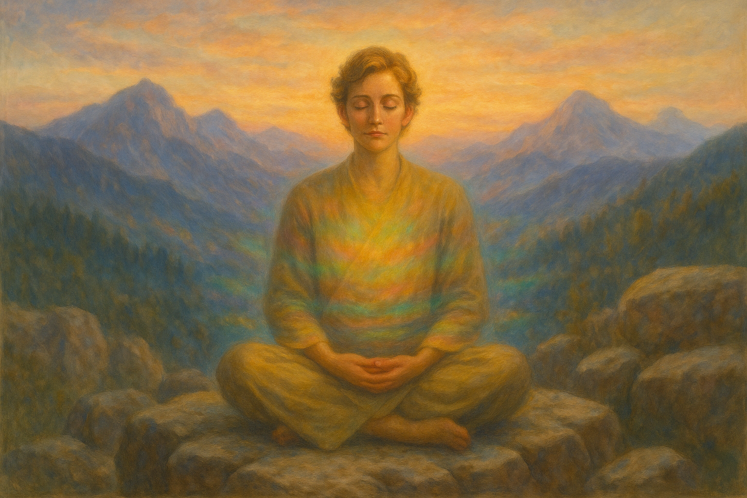 Pessoa sentada em posição meditativa sobre rochas, com paisagem de montanhas e luzes sutis coloridas ao redor do corpo, clima de contemplação.