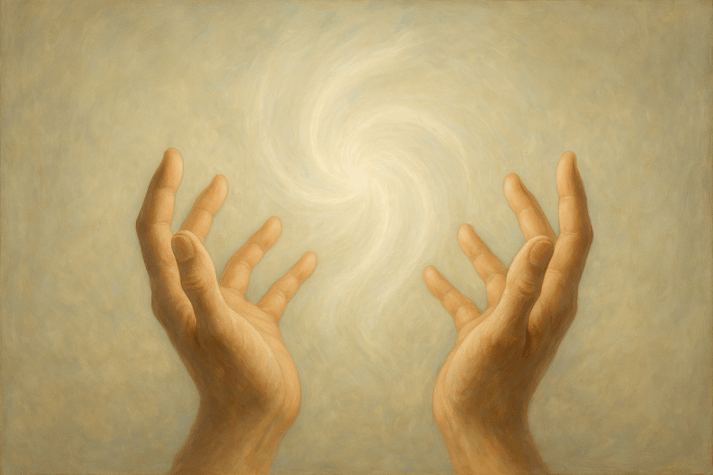 Mãos emitindo luz energética, simbolizando conexão e fluxo de energia sutil entre corpo e ambiente.