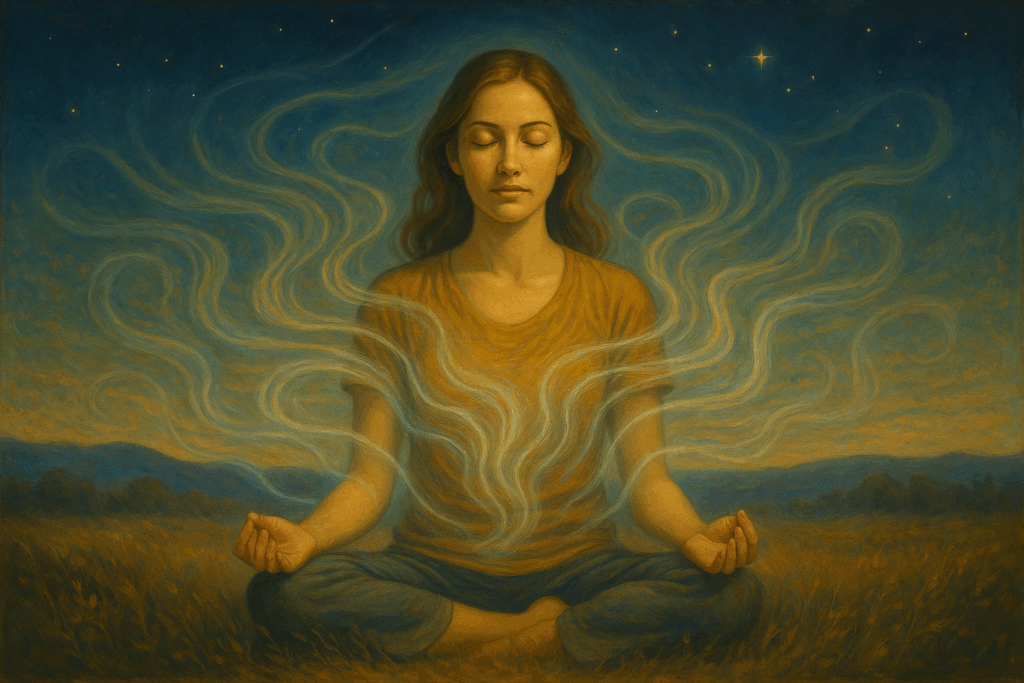 Silhueta de pessoa em meditação com campo de energia visível, representando percepção da energia sutil.