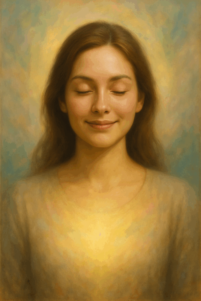 Mulher em estado meditativo com aura energética suave ao redor, expressando conexão com a energia sutil.
