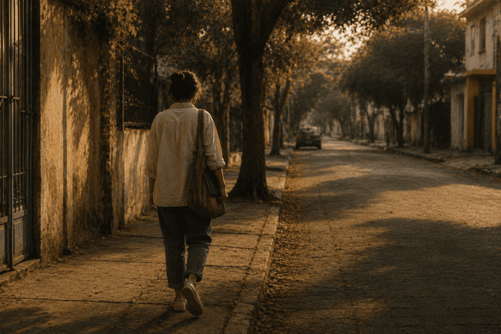 Espiritualidade_Pessoa caminhando devagar numa rua tranquila no final da tarde.