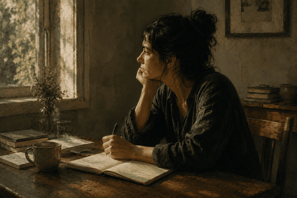 Espiritualidade_Pessoa sentada à mesa com caderno aberto e caneta na mão, à luz natural da manhã.