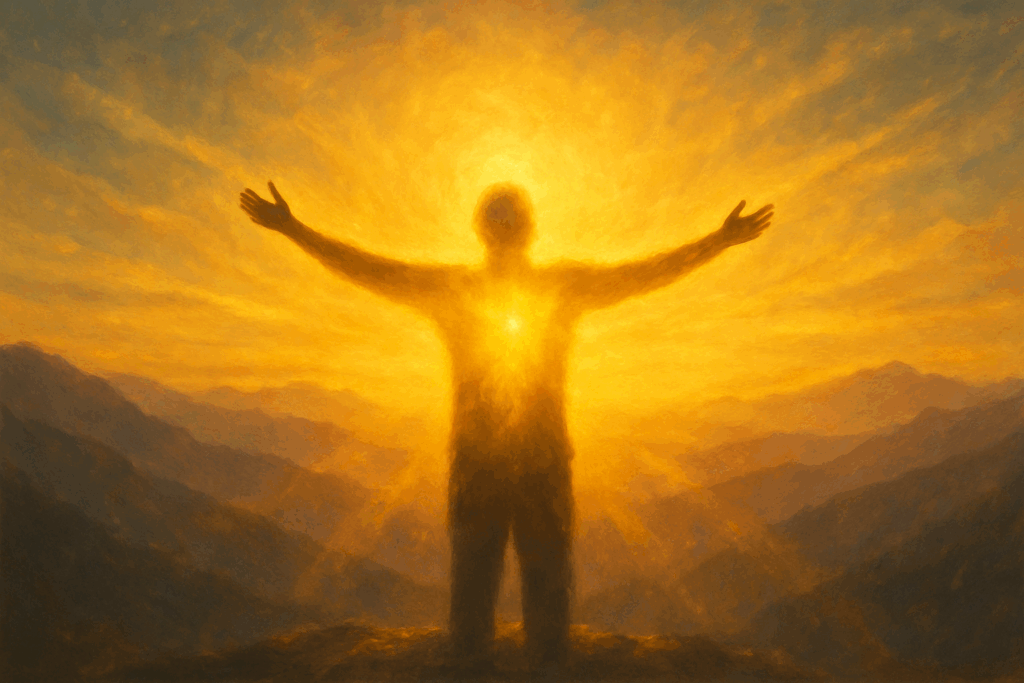 Pessoa envolta em luz dourada ao entardecer, simbolizando elevação espiritual e vibração energética elevada.