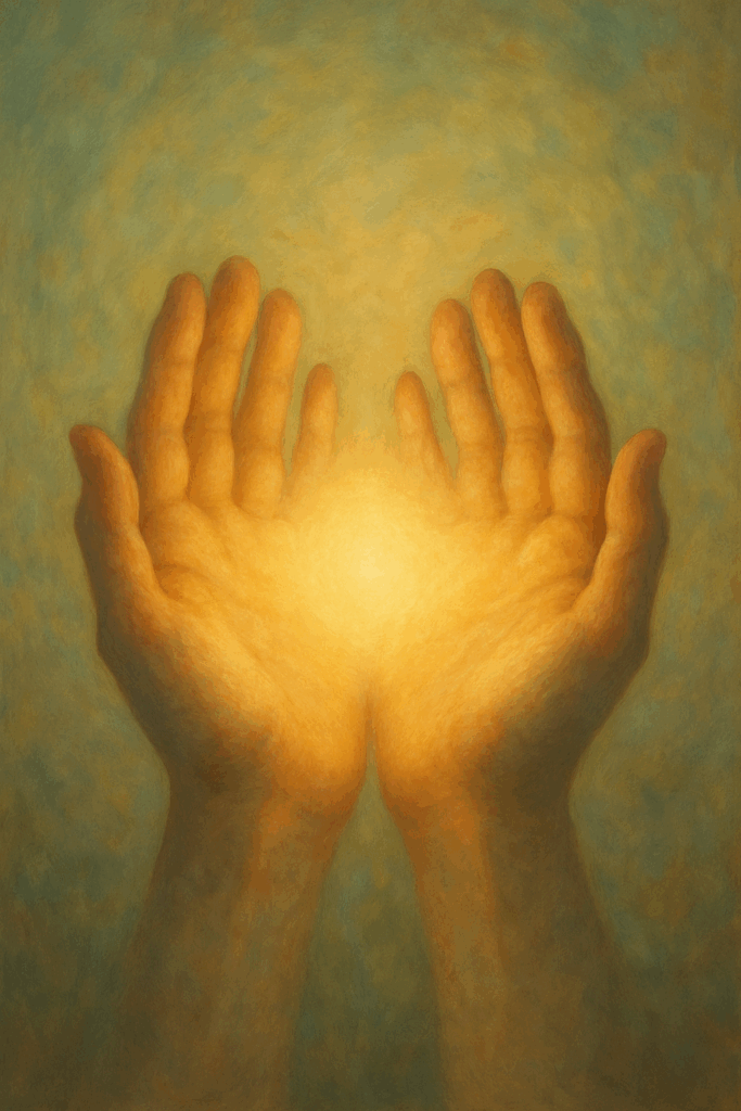 Mãos femininas segurando luz vibracional nas palmas, simbolizando energia elevada e presença.