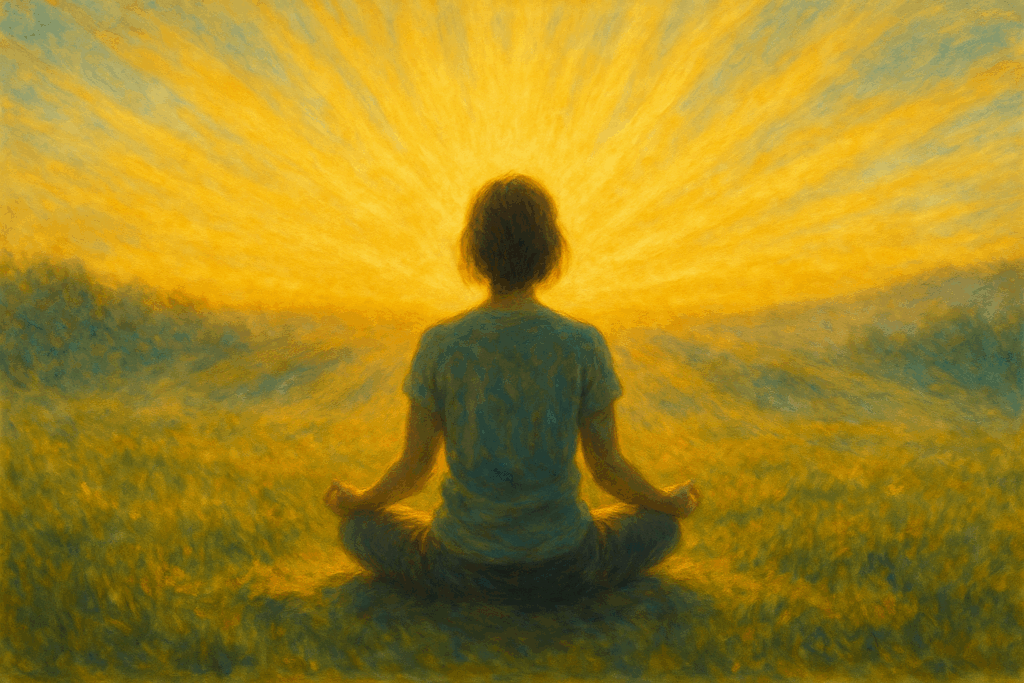 Pessoa meditando com braços abertos ao nascer do sol, para elevar a frequência vibracional e conexão interior.