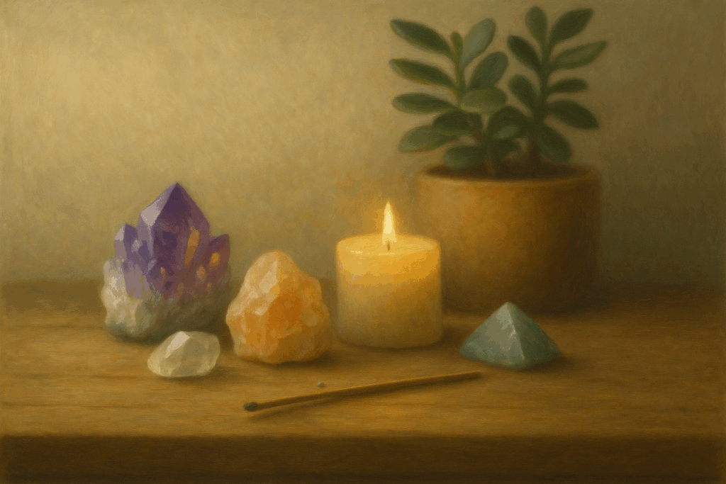 Altar com cristais e vela em espaço sereno, representando energização espiritual da casa.