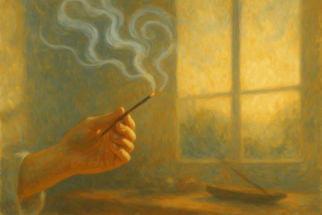 Pessoa fazendo defumação com incenso em casa iluminada, simbolizando limpeza energética do lar.