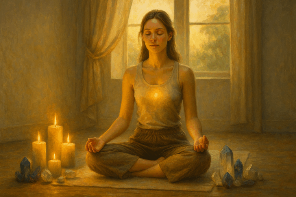 Pessoa meditando na sala de casa cercada de velas e cristais, com uma luz entrando pela janela atrás dela, buscando as práticas espirituais corretas