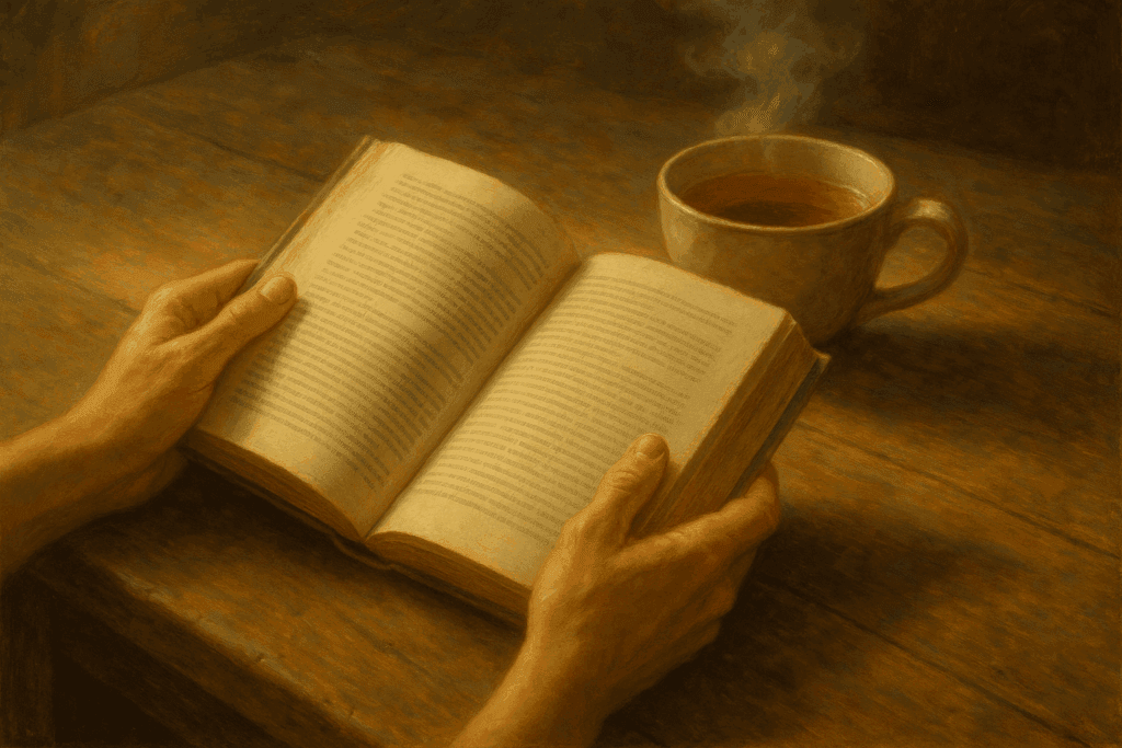 Mãos segurando um livro aberto sobre uma mesa de madeira, com uma xícara de chá fumegante ao lado.