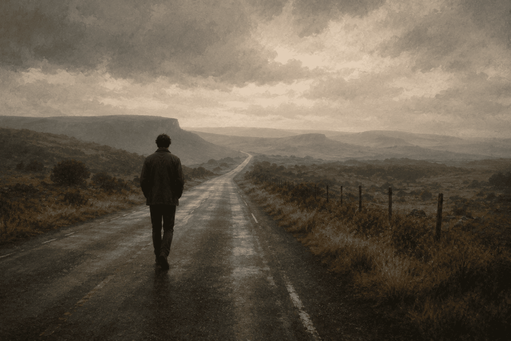 Propósito_Pessoa caminhando de costas em uma estrada longa com luz difusa.