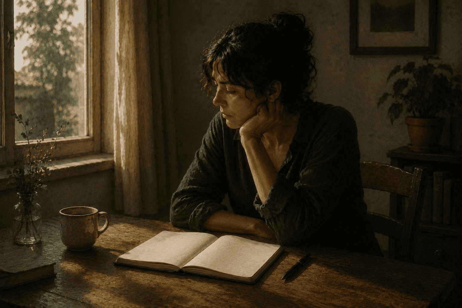 Propósito_Pessoa sentada sozinha à mesa, olhando para um caderno em branco, próximo à janela no final da tarde