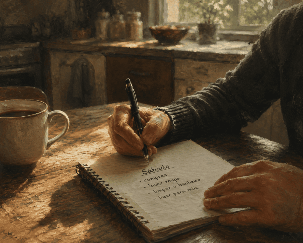 Vibração_Mãos escrevendo uma lista curta em um caderno na mesa da cozinha, pela manhã.