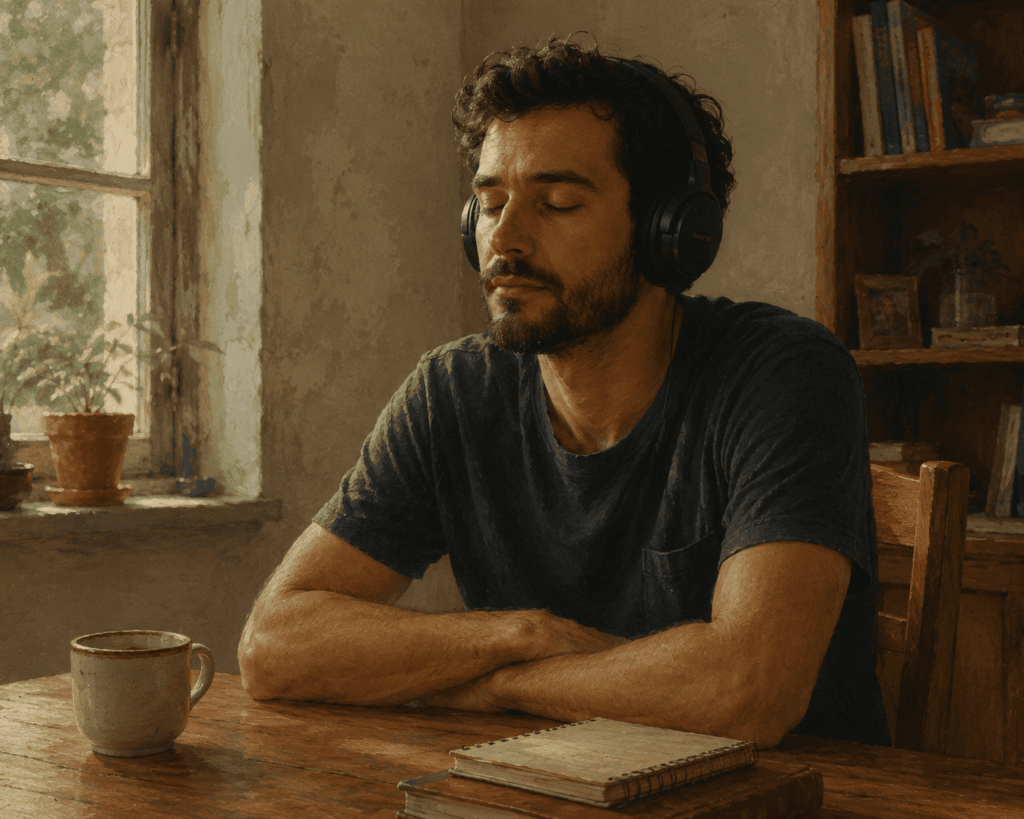 Vibração_Pessoa sentada à mesa, ouvindo música em fones de ouvido, olhos fechados, luz suave da tarde.