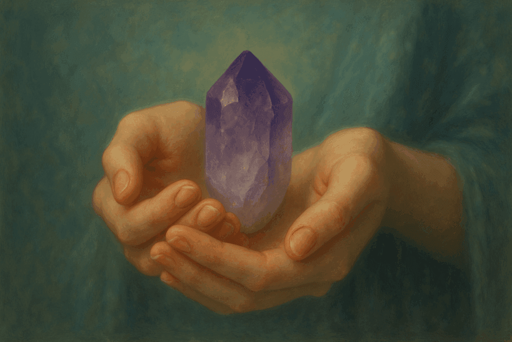 mãos segurando amethyst para acalmar a mente e elevar a vibração