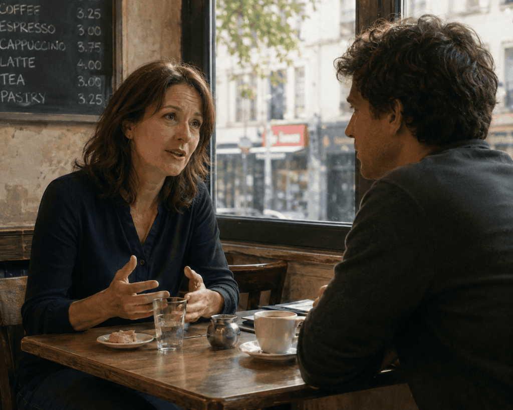 Ações_Duas pessoas conversando com calma em uma mesa de café, uma delas ouvindo com atenção.