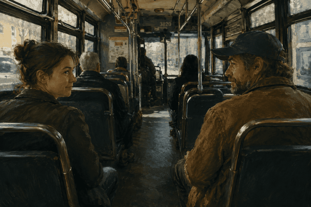 Ações_Pessoa em um ônibus trocando um breve aceno com um estranho do outro lado do corredor.