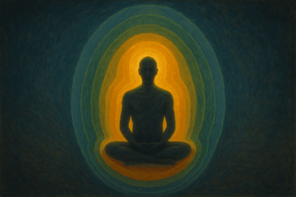 Ilustração da aura humana em camadas energéticas multicoloridas.