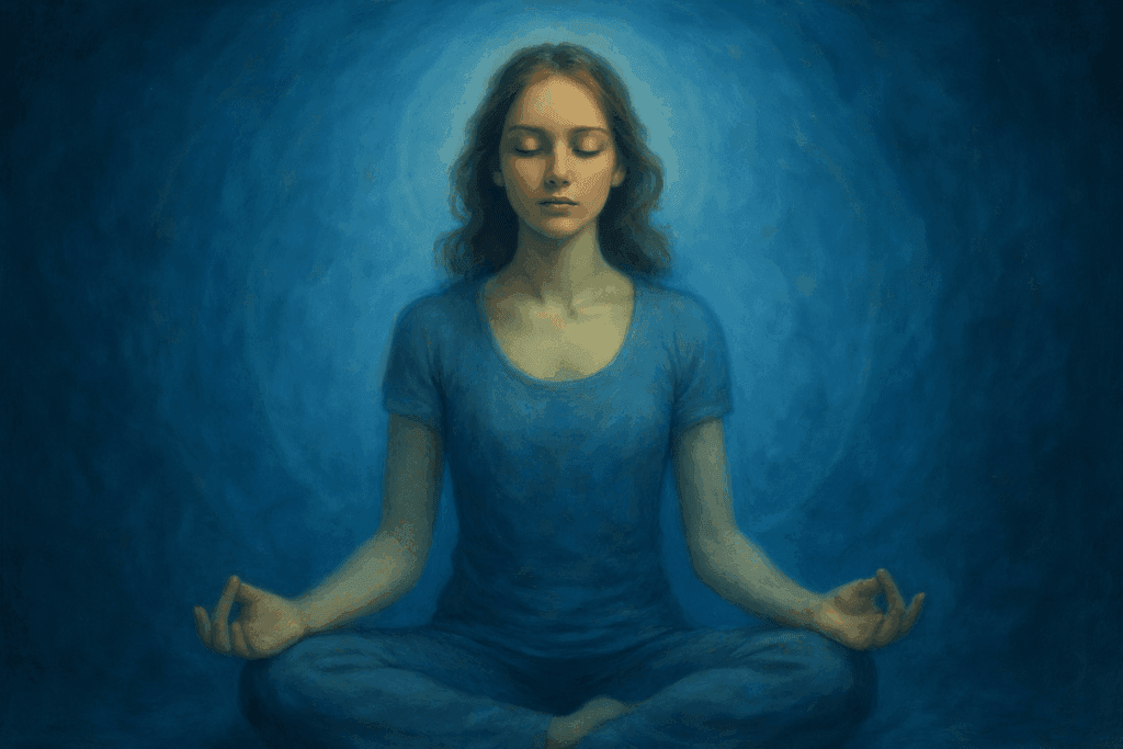 Mulher meditando com aura azulada brilhando ao seu redor