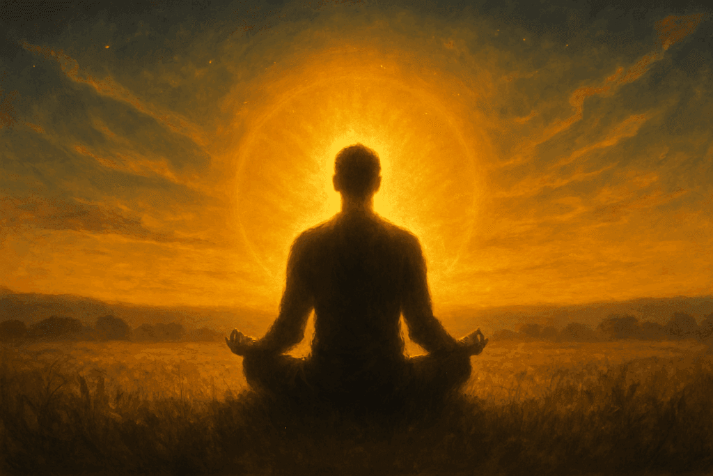 Aura humana vibrando ao redor de pessoa meditando em campo aberto.