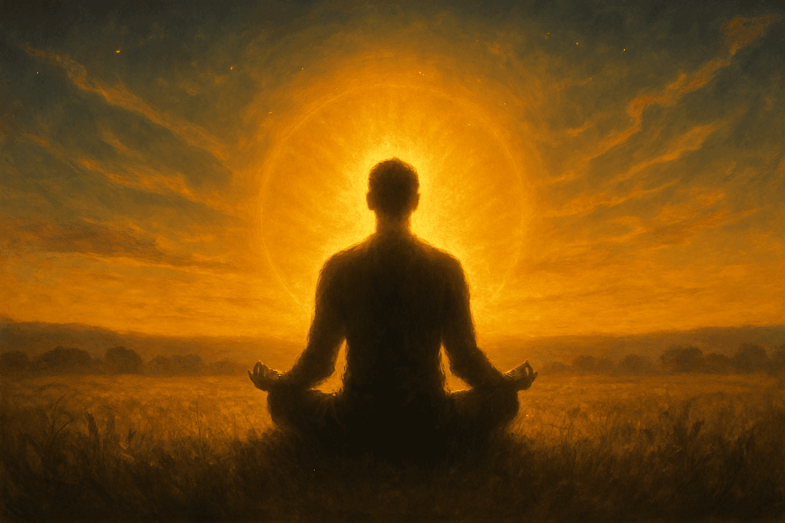 Aura humana vibrando ao redor de pessoa meditando em campo aberto.