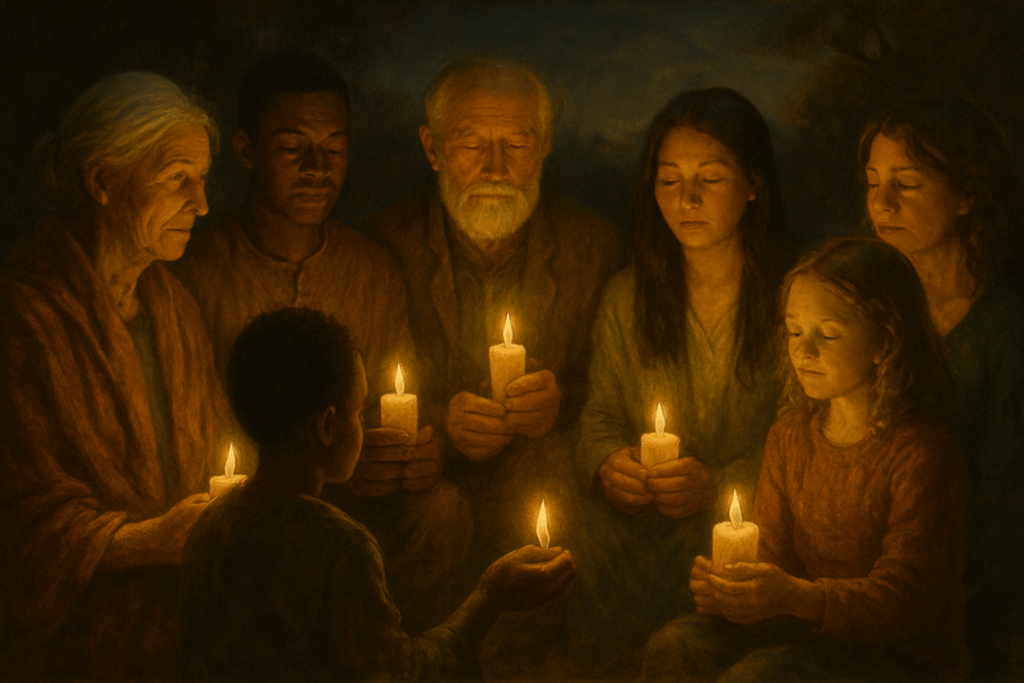 Grupo unido segurando velas em círculo ao anoitecer, evocando força da consciência coletiva.