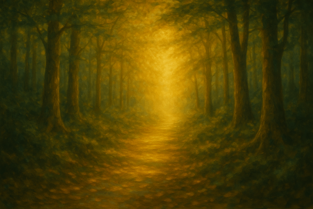 Trilha em floresta com luz dourada ao fundo, simbolizando a jornada rumo à consciência expandida.