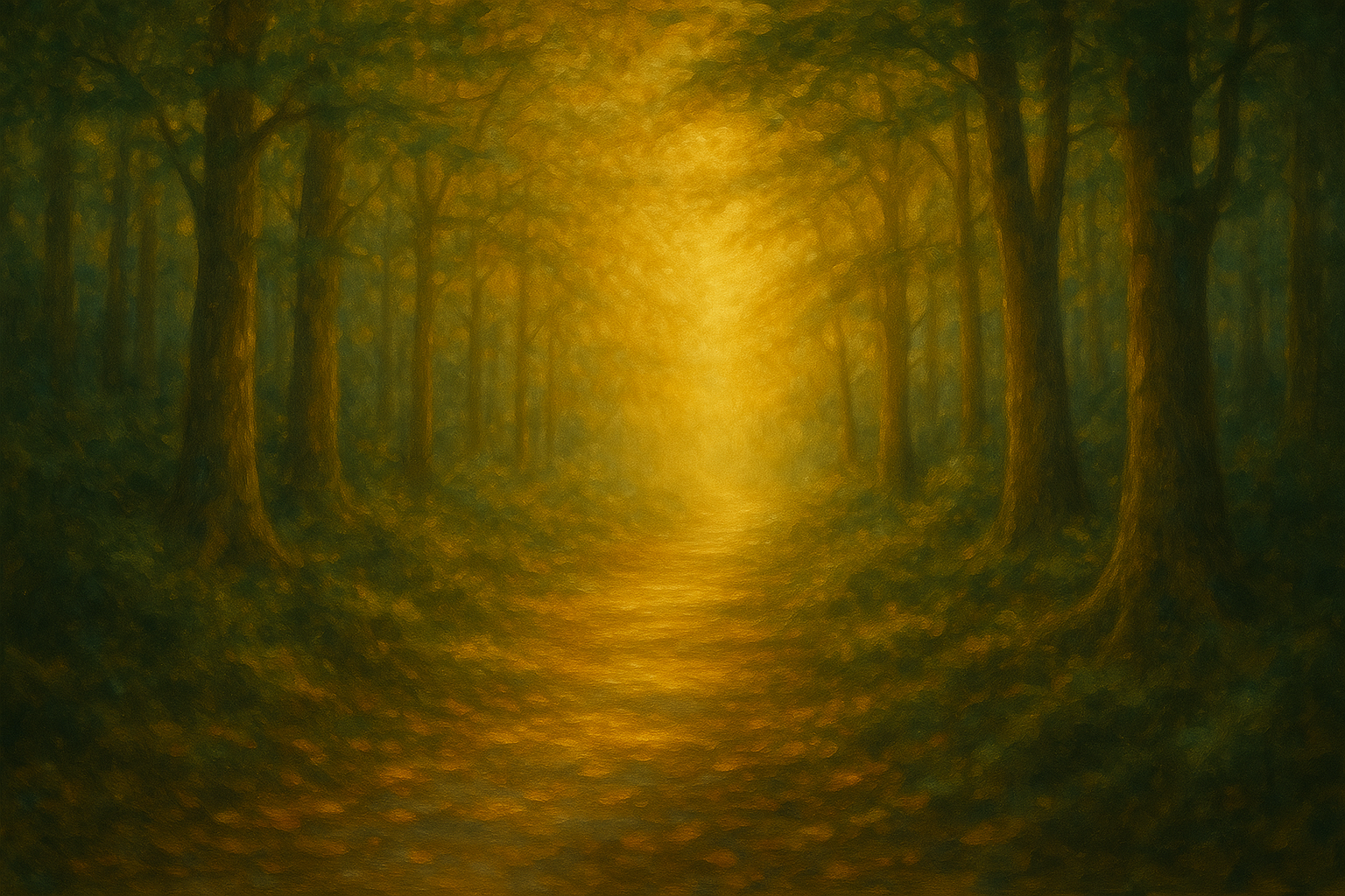 Trilha em floresta com luz dourada ao fundo, simbolizando a jornada rumo à consciência expandida.