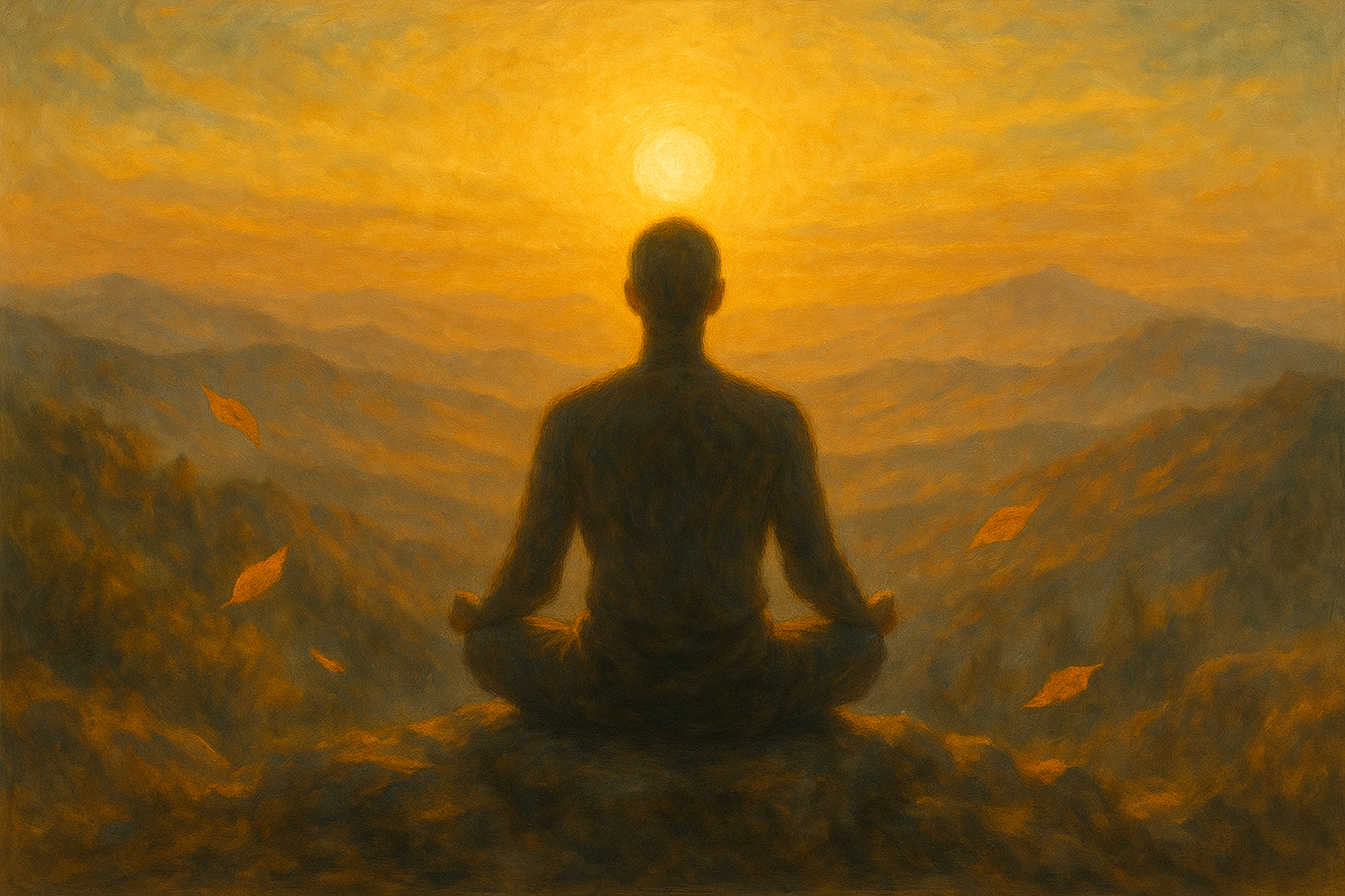 Indivíduo em posição de meditação no topo de uma montanha durante o amanhecer, representando a expansão da consciência.