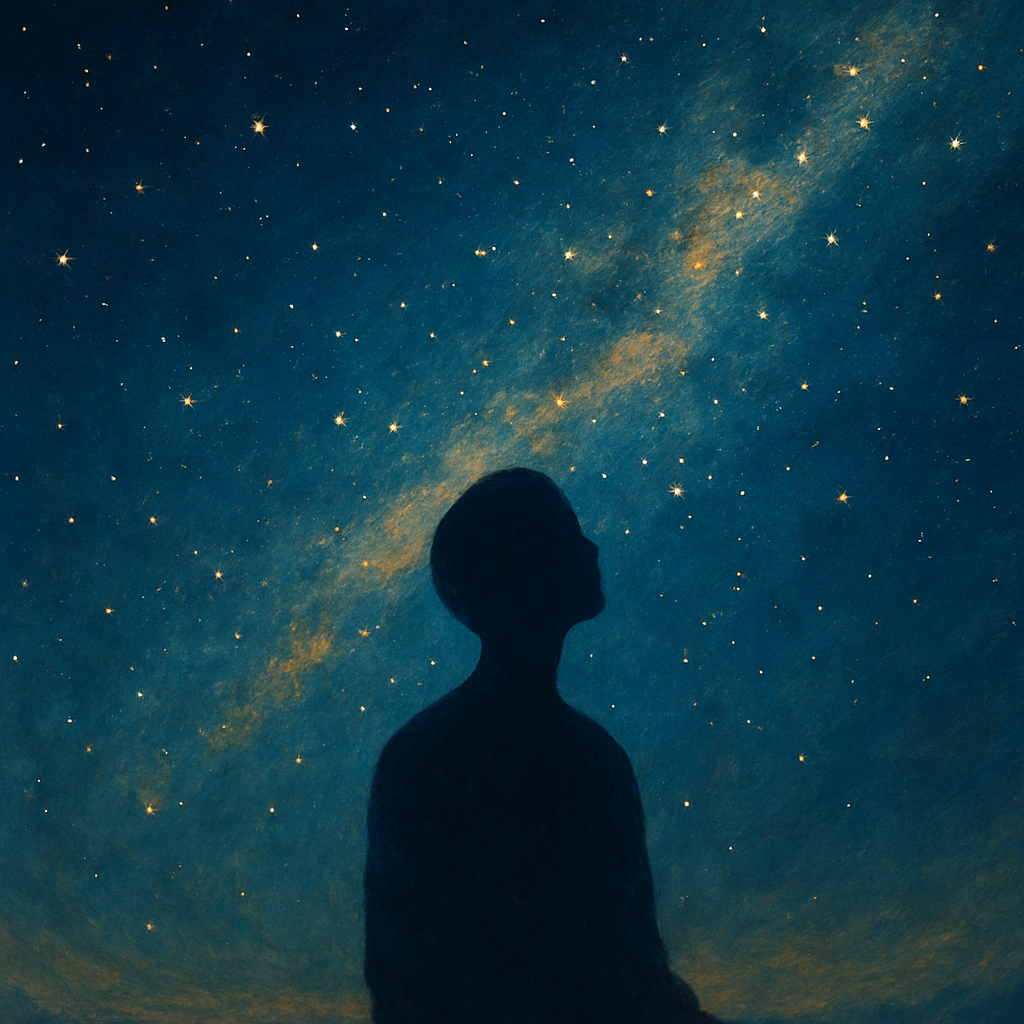 Silhueta de pessoa observando o céu estrelado, ilustrando a busca por compreensão além do óbvio.