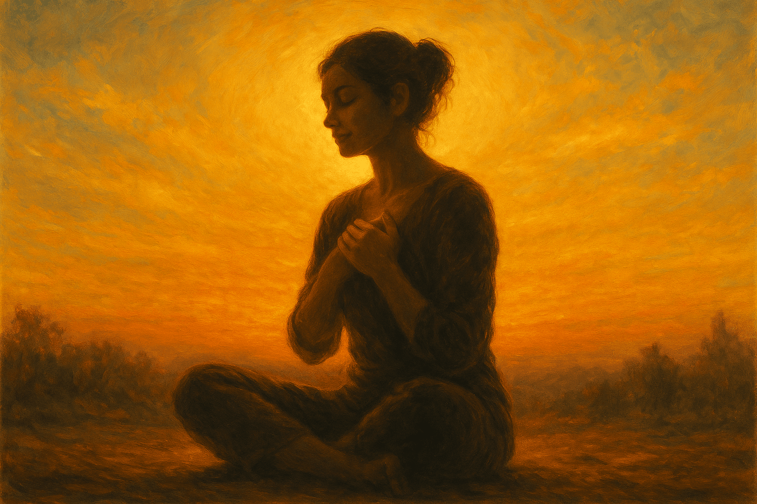 Pessoa meditando ao pôr do sol, representando diálogo interno transformador.
